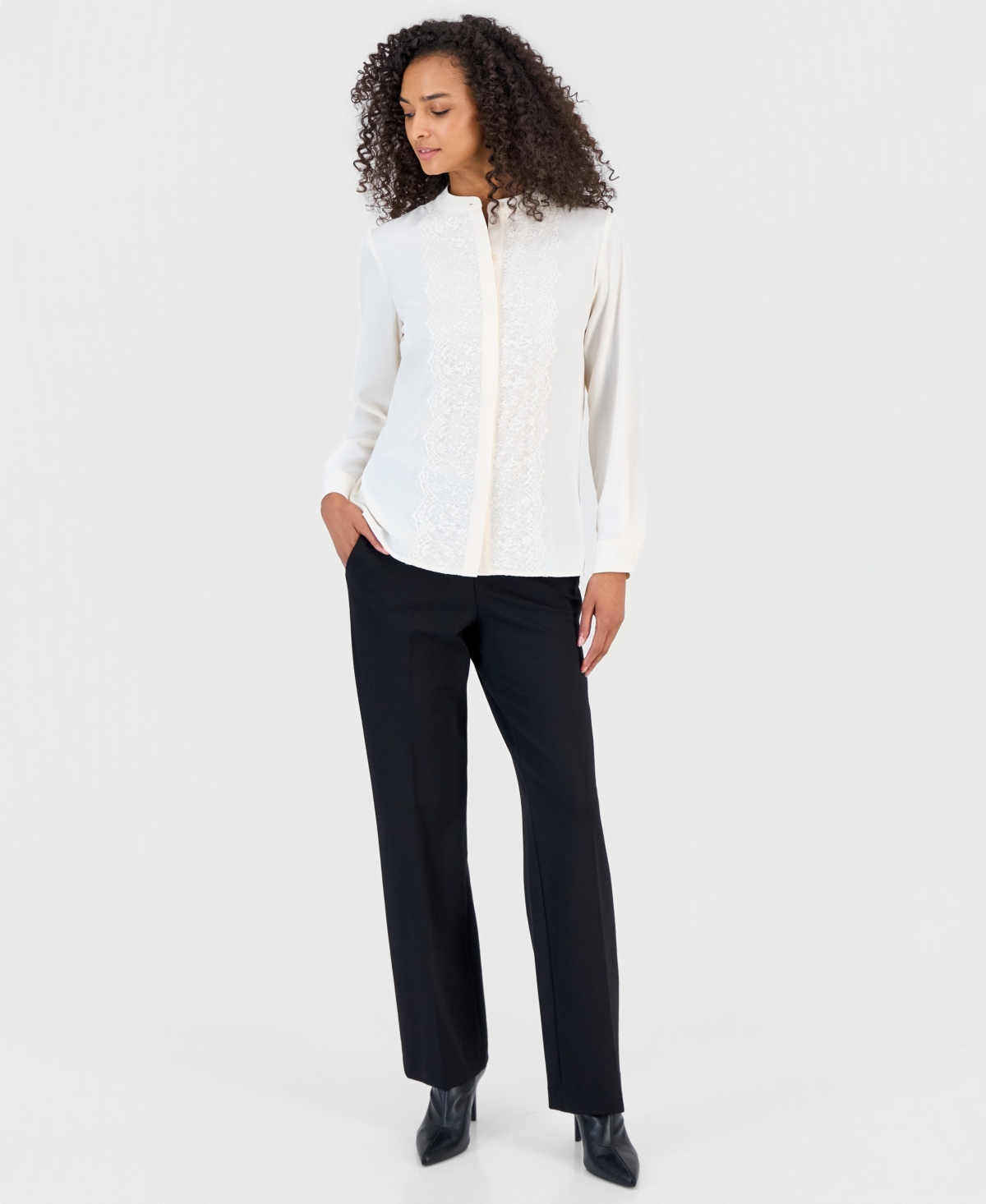 Anne Klein Petite Flutter Long-Sleeve Collared Lace Placket Blouse