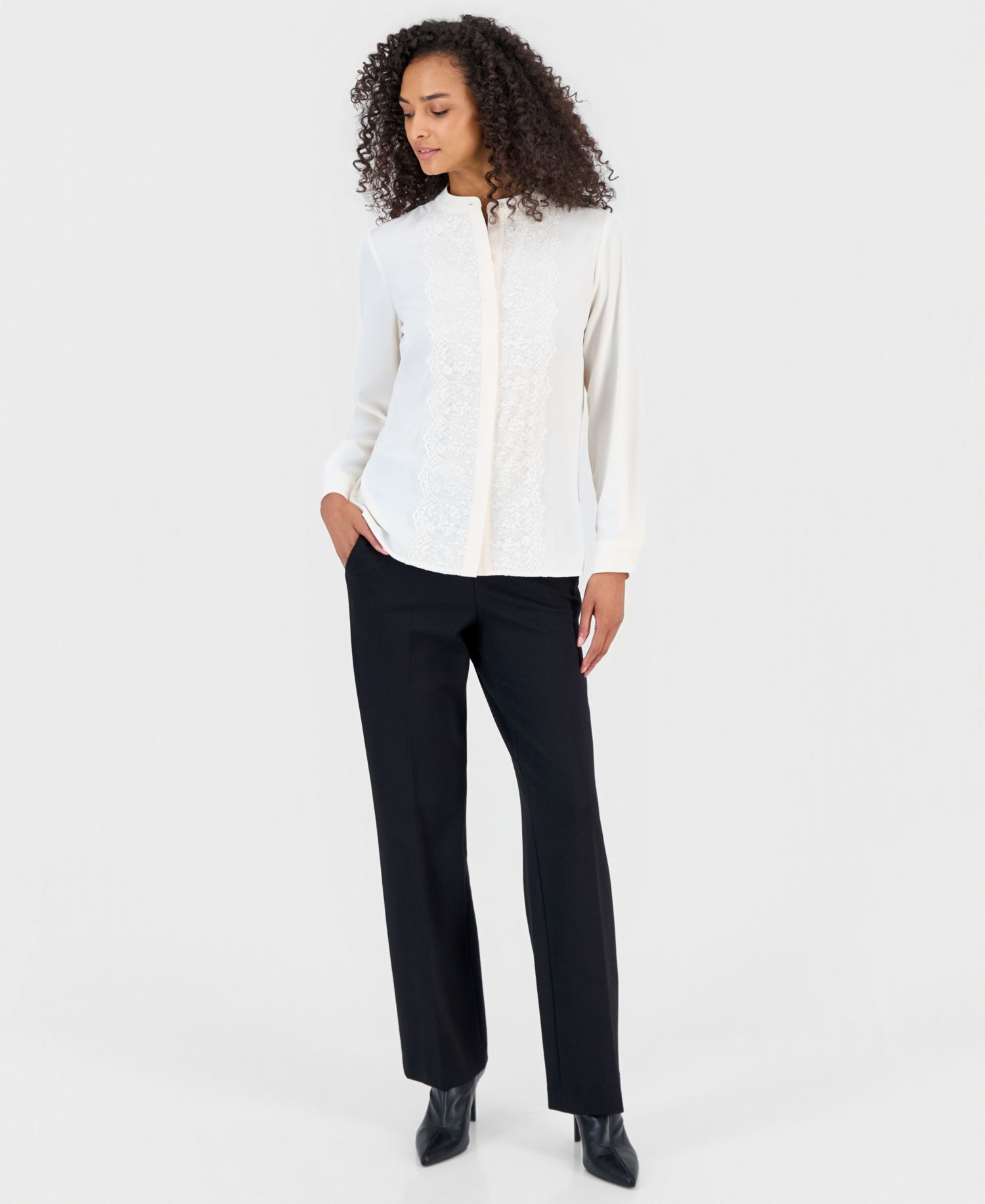 Petite Flutter Long-Sleeve Collared Lace Placket Blouse