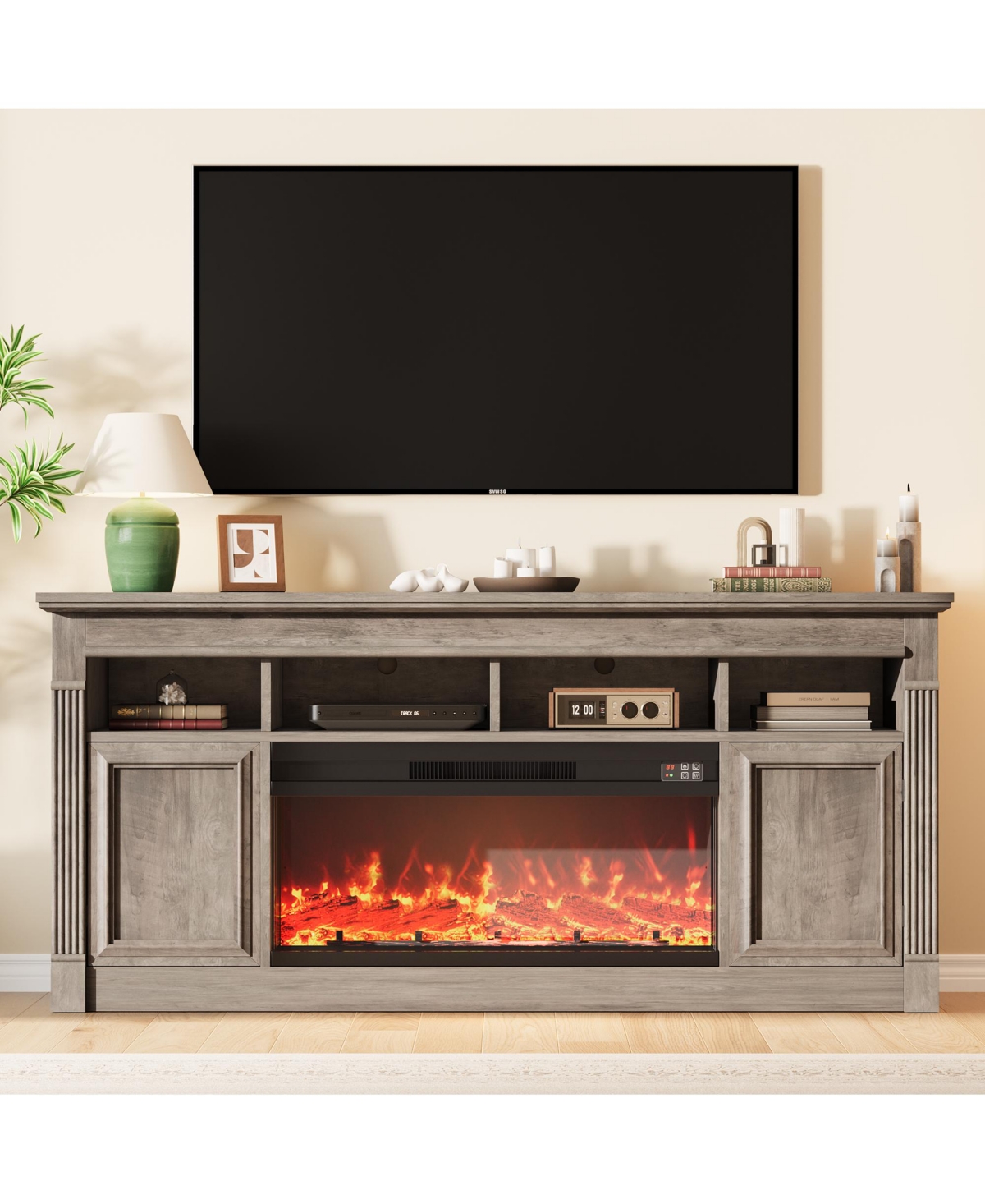 homfan 68" Farmhouse Tv Stand for Up to 75", Entertainment Center Console Table with Open Storage Shelves and Cabinets (No Fireplace)
