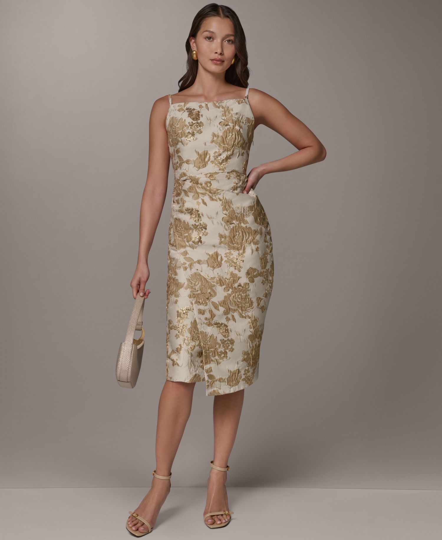 Women's Sleeveless Jacquard Square Neck Midi Sheath Dress
