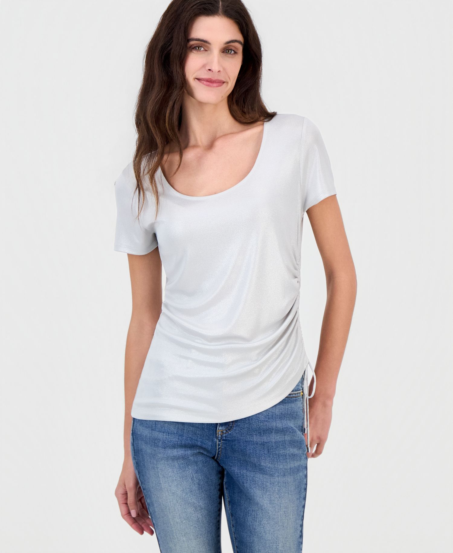 Women's Short-Sleeve Metallic Side Cinched T-Shirt