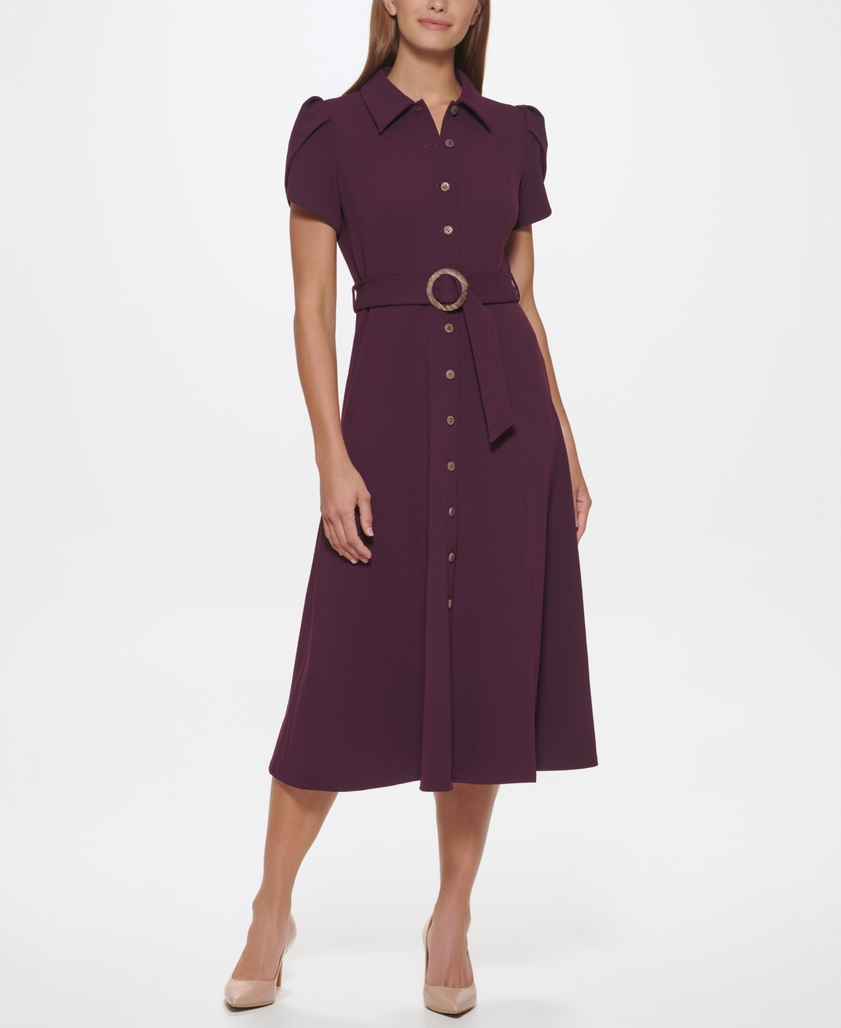 Calvin Klein Puff-Sleeve Belted Midi Dress