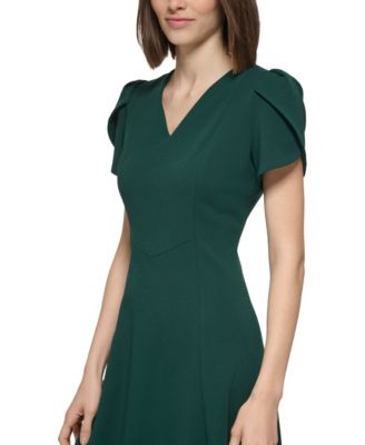 emerald green casual dress CUPSHE Women's Round Neck Smocked Long Sleeve Mini Ruffled Hem A Line Short Dress It is not too dark Dark Green Dress | Mid-calf