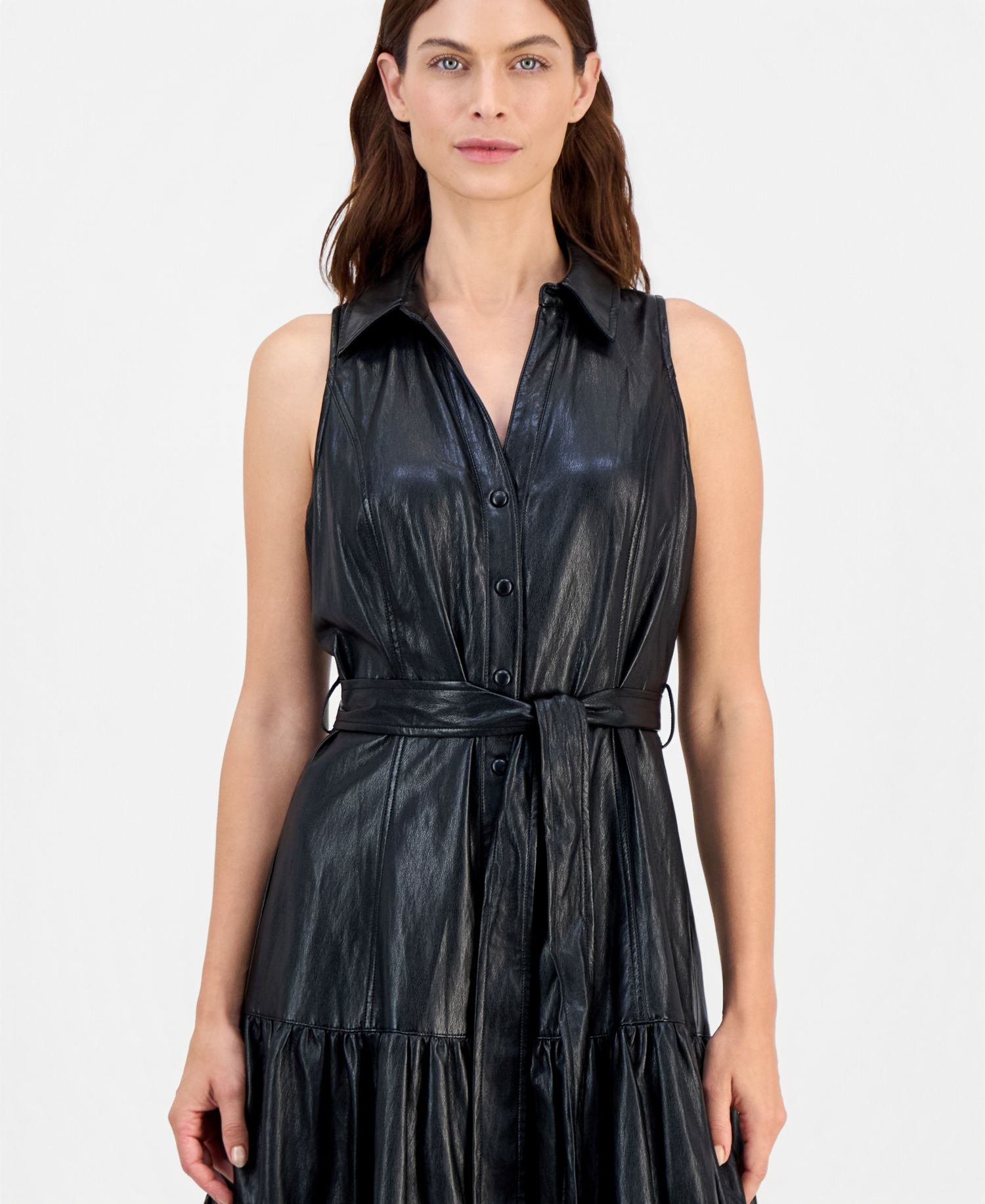 Women's Faux-Leather Tie-Waist Tiered Maxi Dress