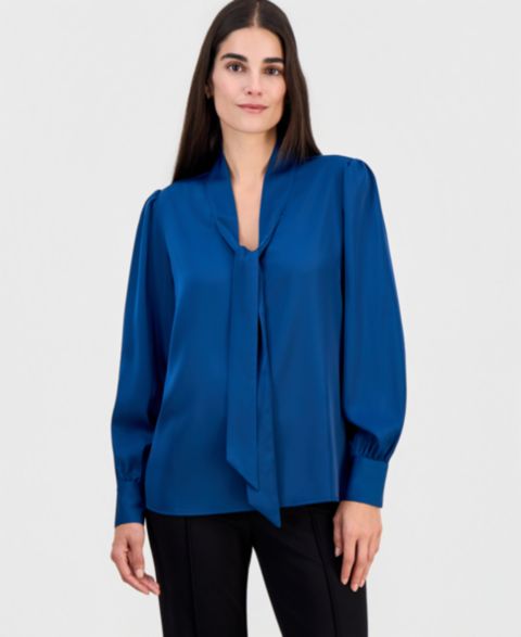 Женская блузка T Tahari Tie-Neck Long-Sleeve Blouse, цвет: Синий