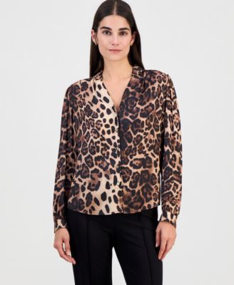 Women's Printed Split-Neck Button-Down Blouse