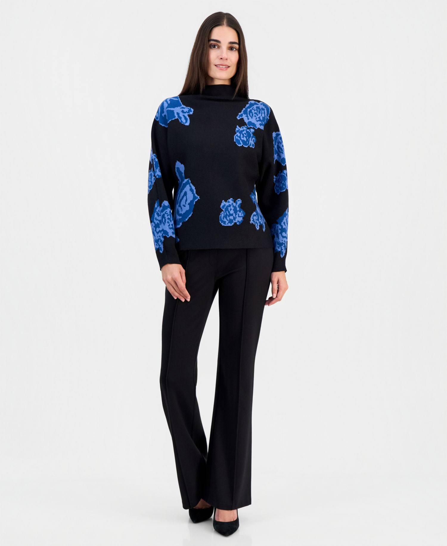 Women's Floral Jacquard Funnel-Neck Dolman-Sleeve Sweater
