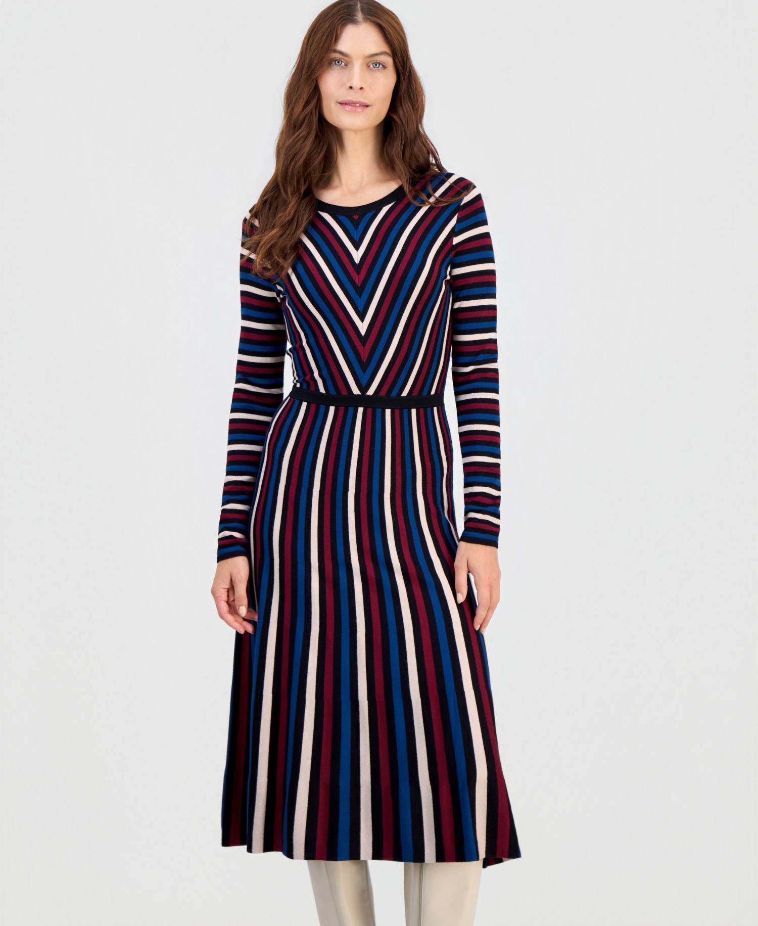 Women's Multicolor Striped Long-Sleeve Midi Dress