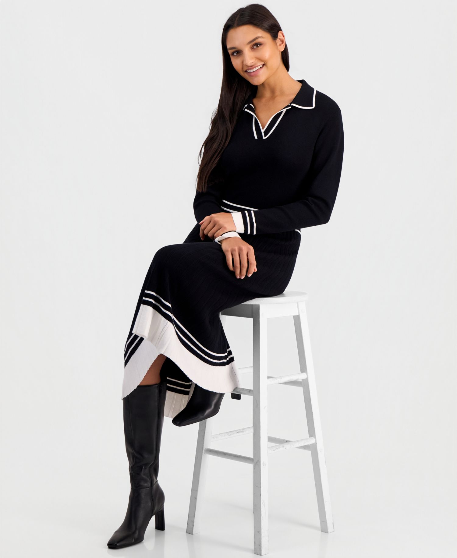 Women's Color-Blocked Polo-Collar Midi Dress