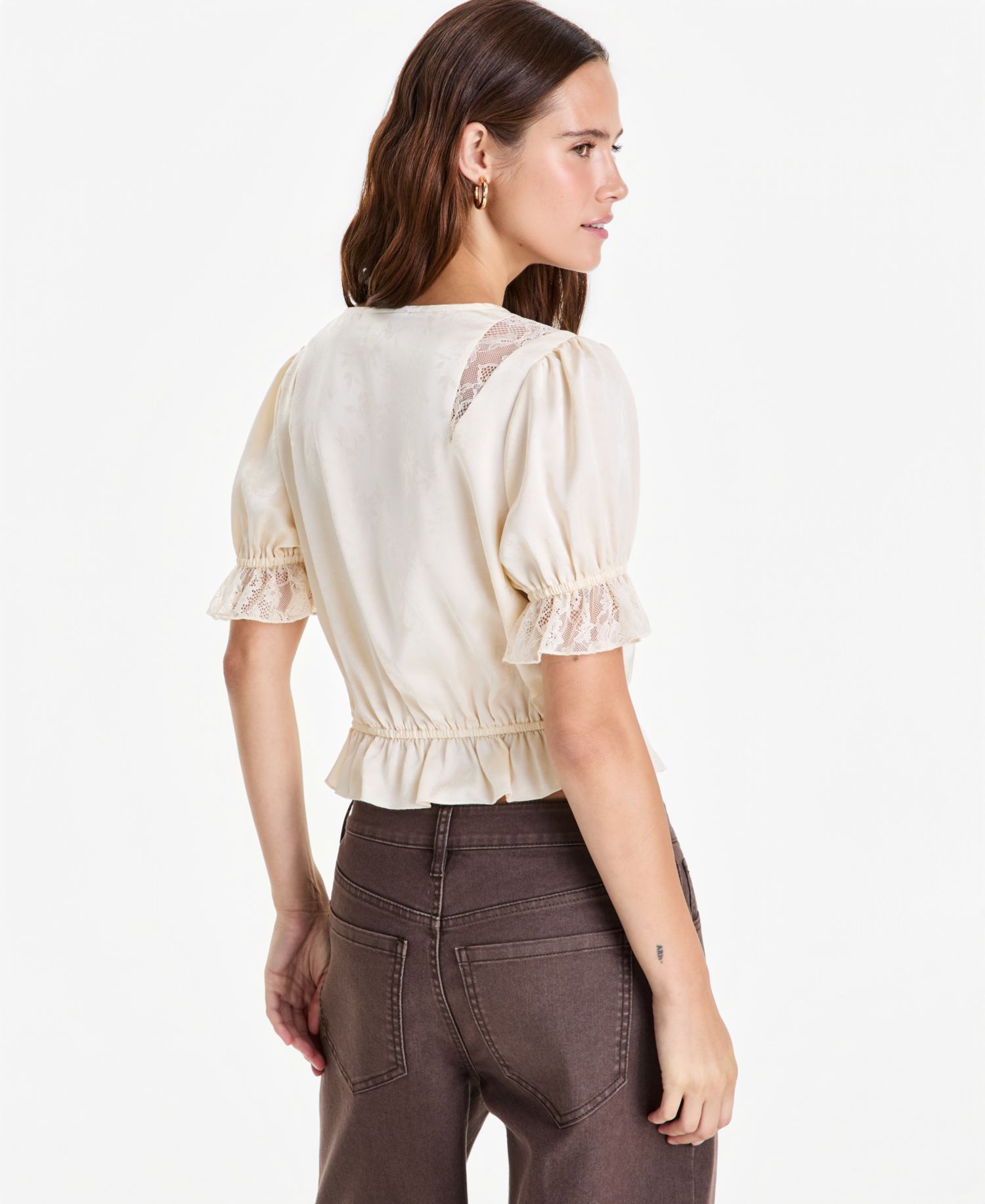 Women's Satin Puff-Sleeve V-Neck Top