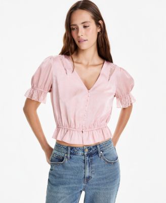 Women's Satin Puff-Sleeve V-Neck Top
