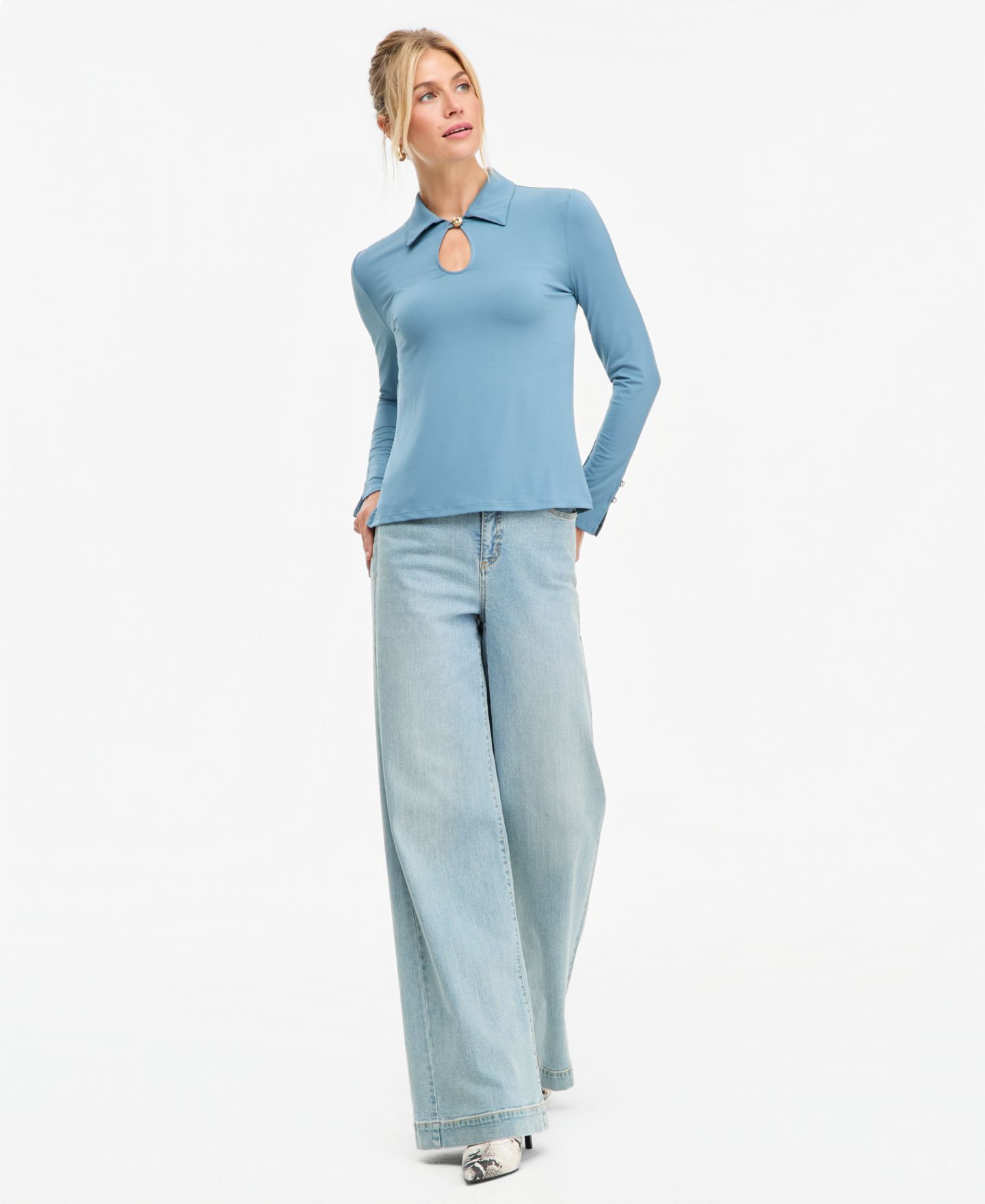 Женская блузка I.N.C. International Concepts Long-Sleeve Collared Keyhole Blouse, цвет: Синий пепельный — фото 4
