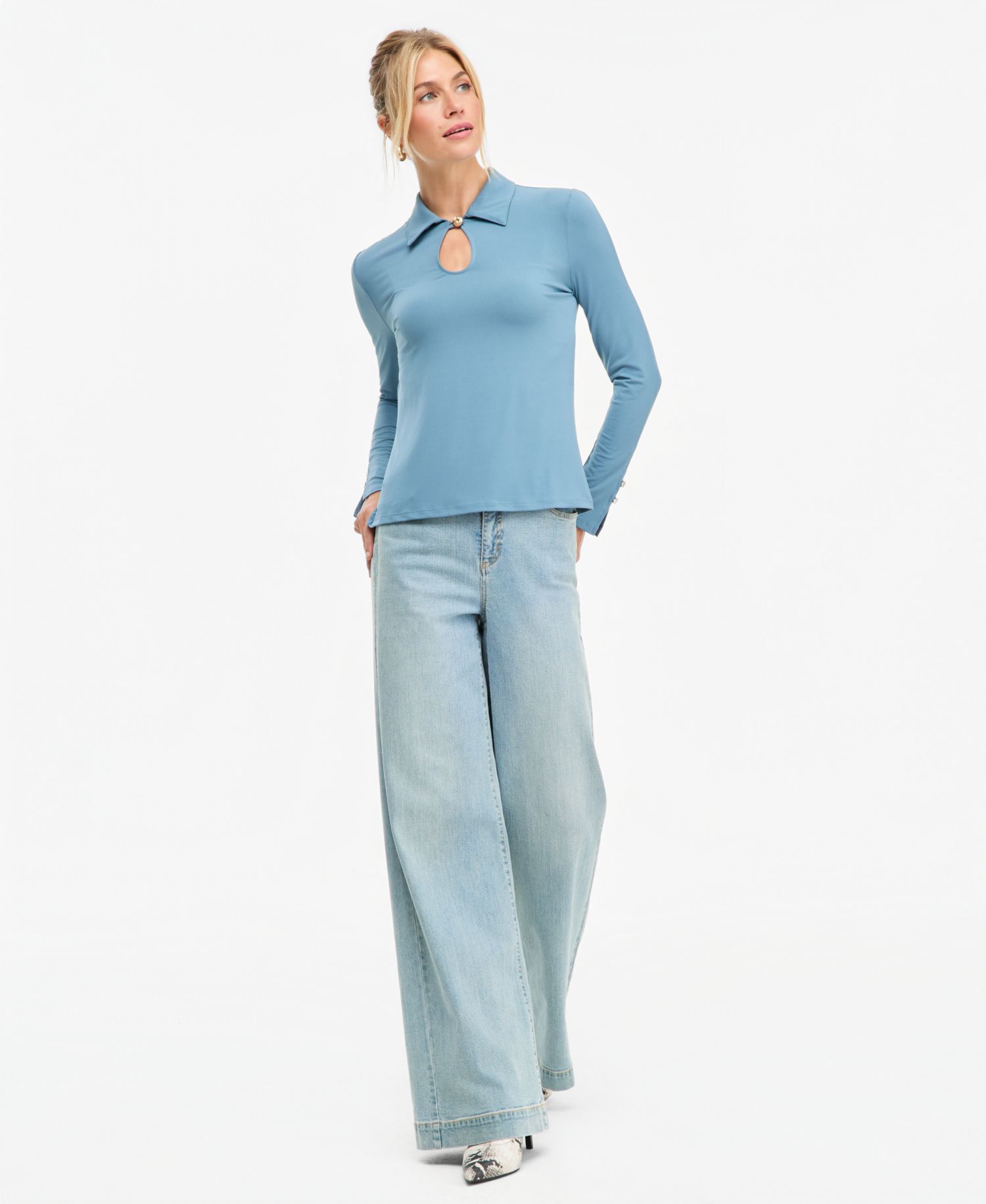 Women's Long-Sleeve Collared Keyhole Blouse