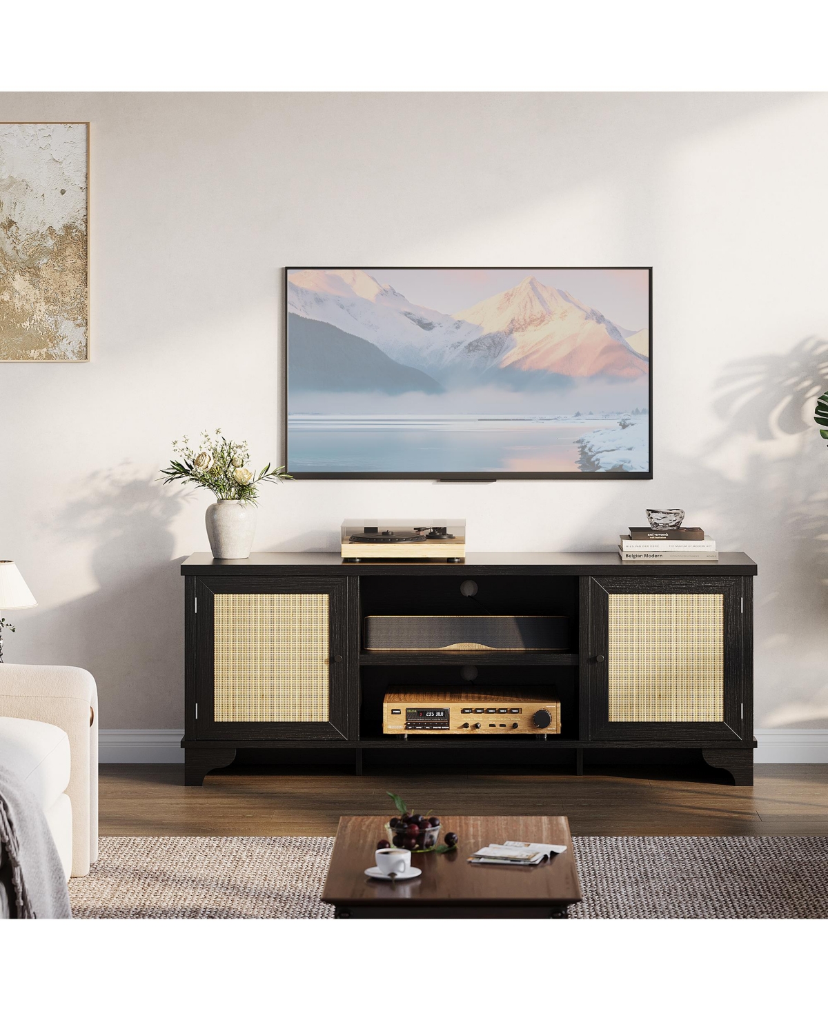 homfan Rattan Tv Stand Fits TVs Up to 70 Inches, Farmhouse Entertainment Center with 2 Cabinets and Open Shelves, Wooden Media Console Table