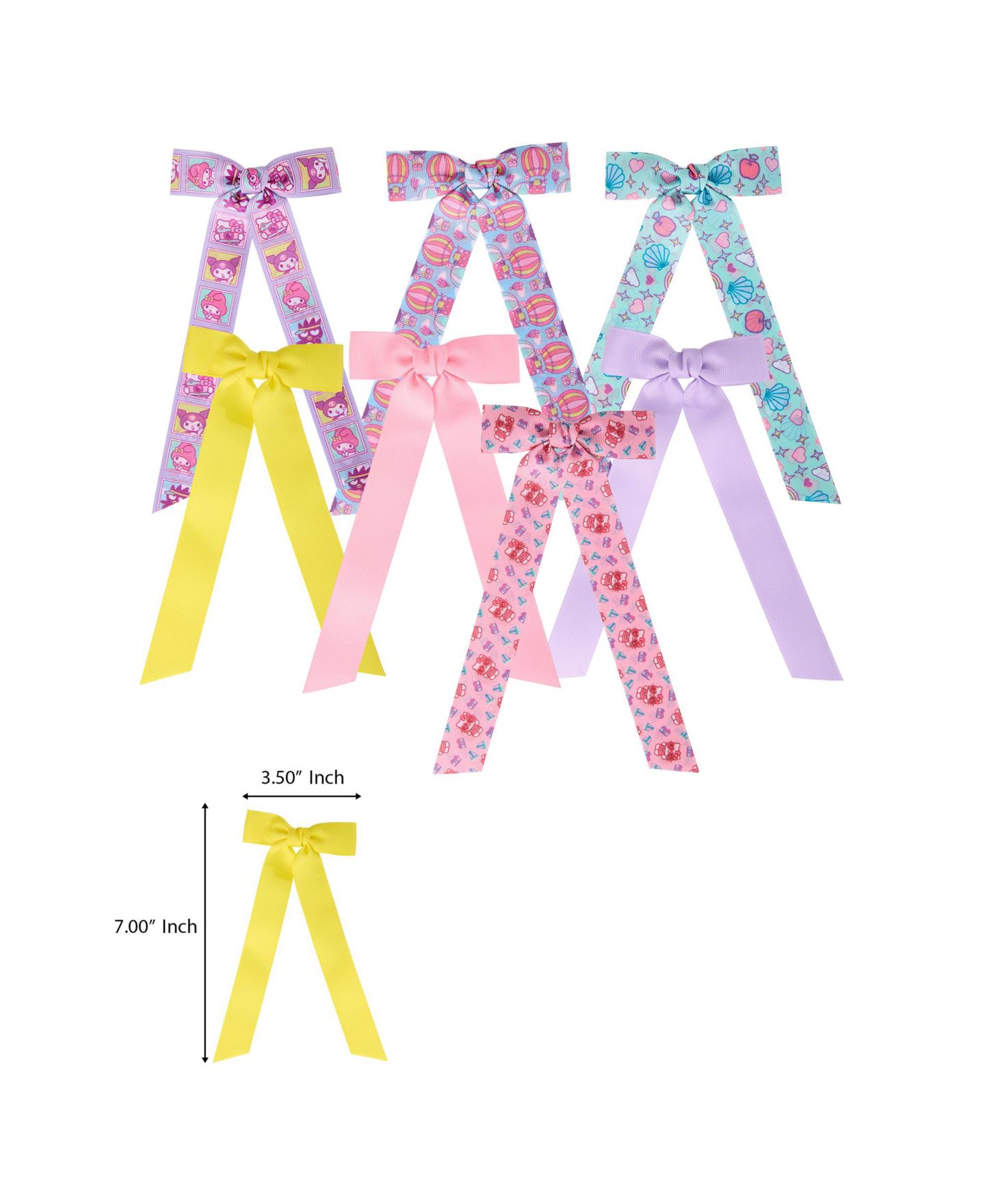 Детские аксессуары для волос Hello Kitty and Friends Long Hair Bows 7-Piece Set Official License, Sanrio Hair Accessories with Kuromi and My Melody, цвет: Разноцветный — фото 7