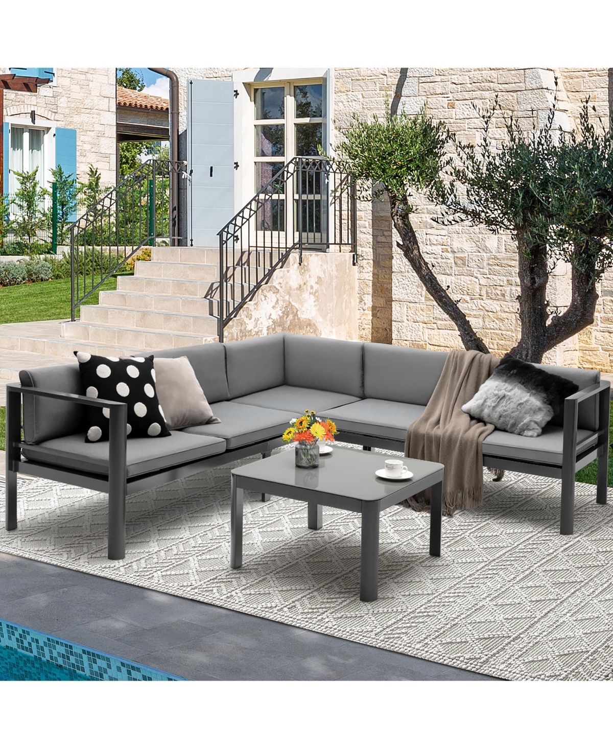 Costway 3Pieces Patio Furniture Set Aluminum Lounge Adjust Back Recliner Sofa Table Cushion