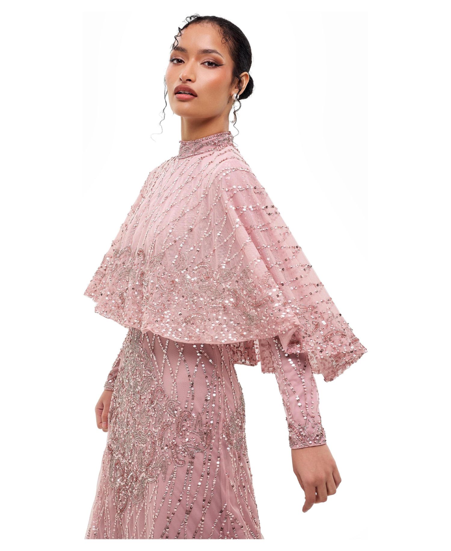 Women's Modest Cape Embellished Sequins Gown