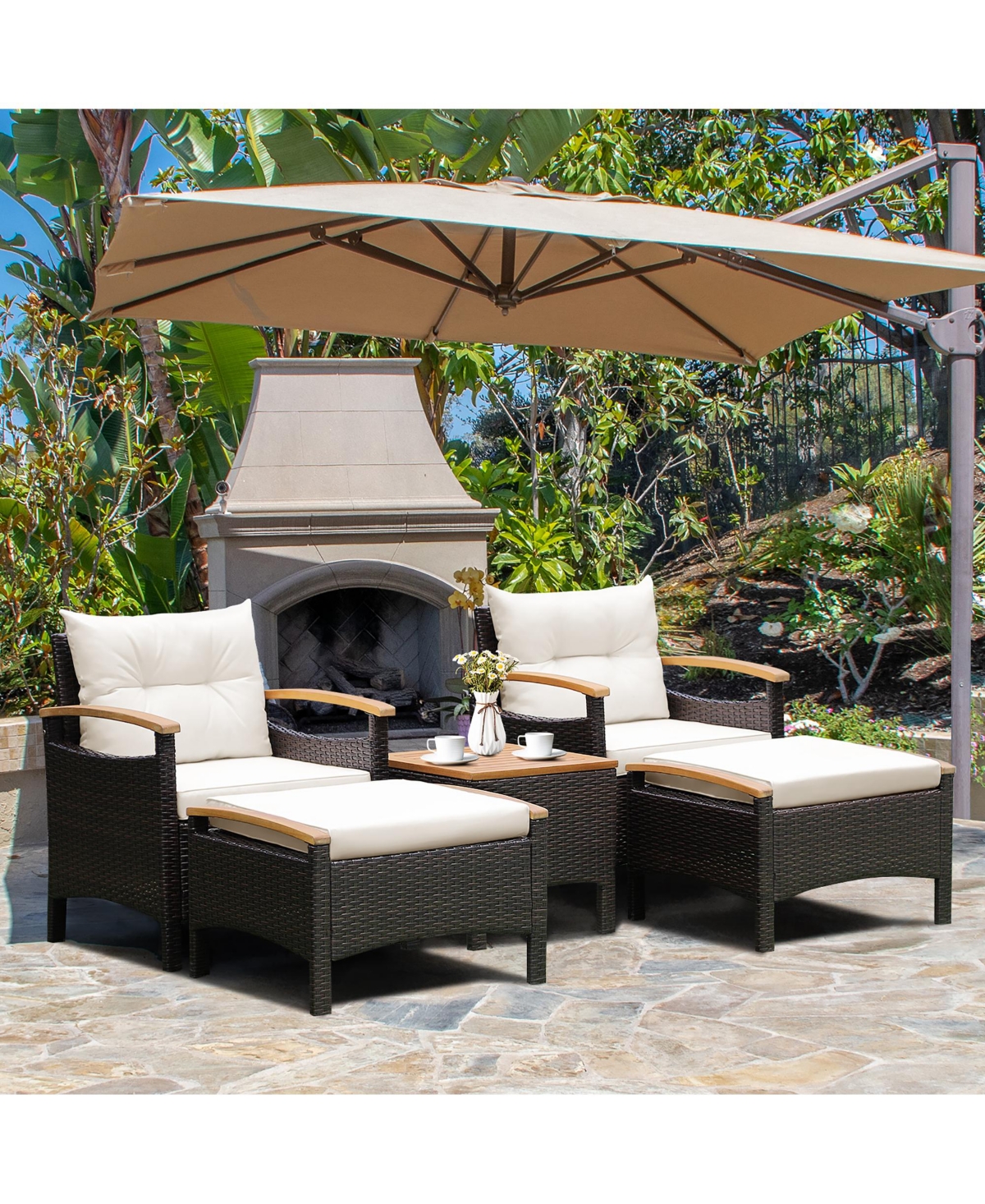 Costway 5Pieces Patio Rattan Furniture Set Sofa Ottoman Cushioned Table Wood Top