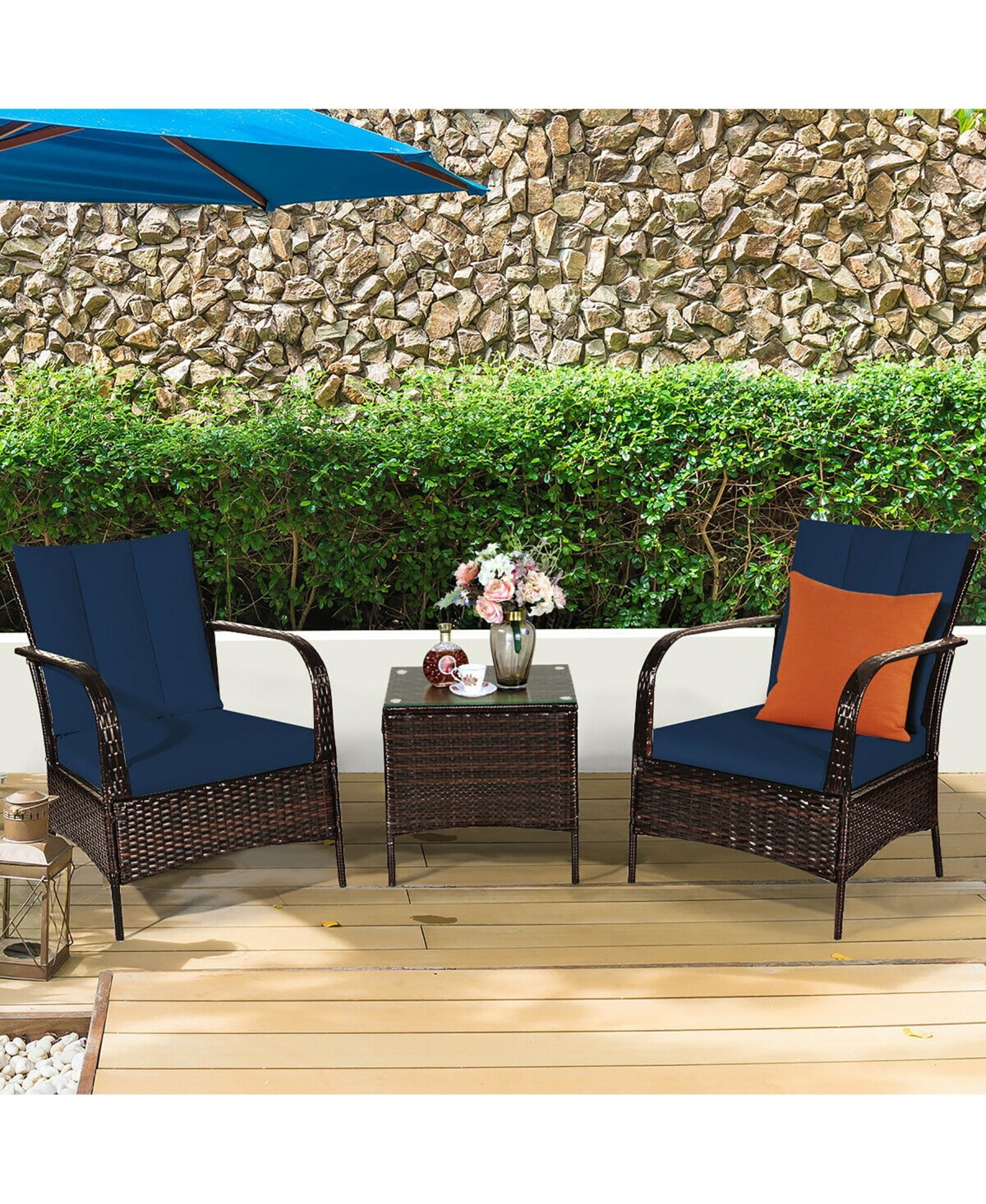Costway 3 Pieces Patio Rattan Furniture Set W Coffee Table and 2 Rattan Chair