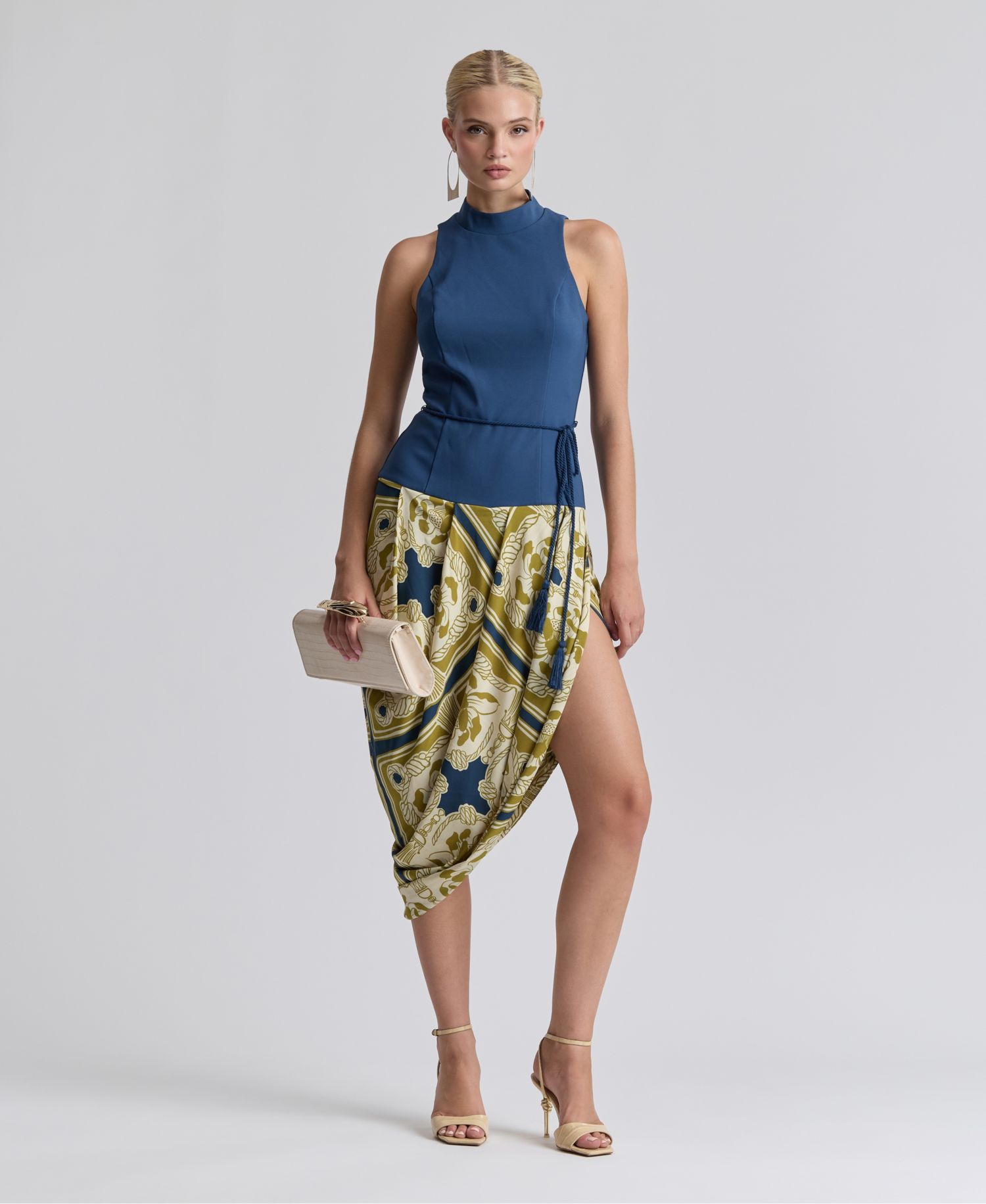 Women's Sleeveless Belted Mock-Neck Asymmetric Drape Midi Dress