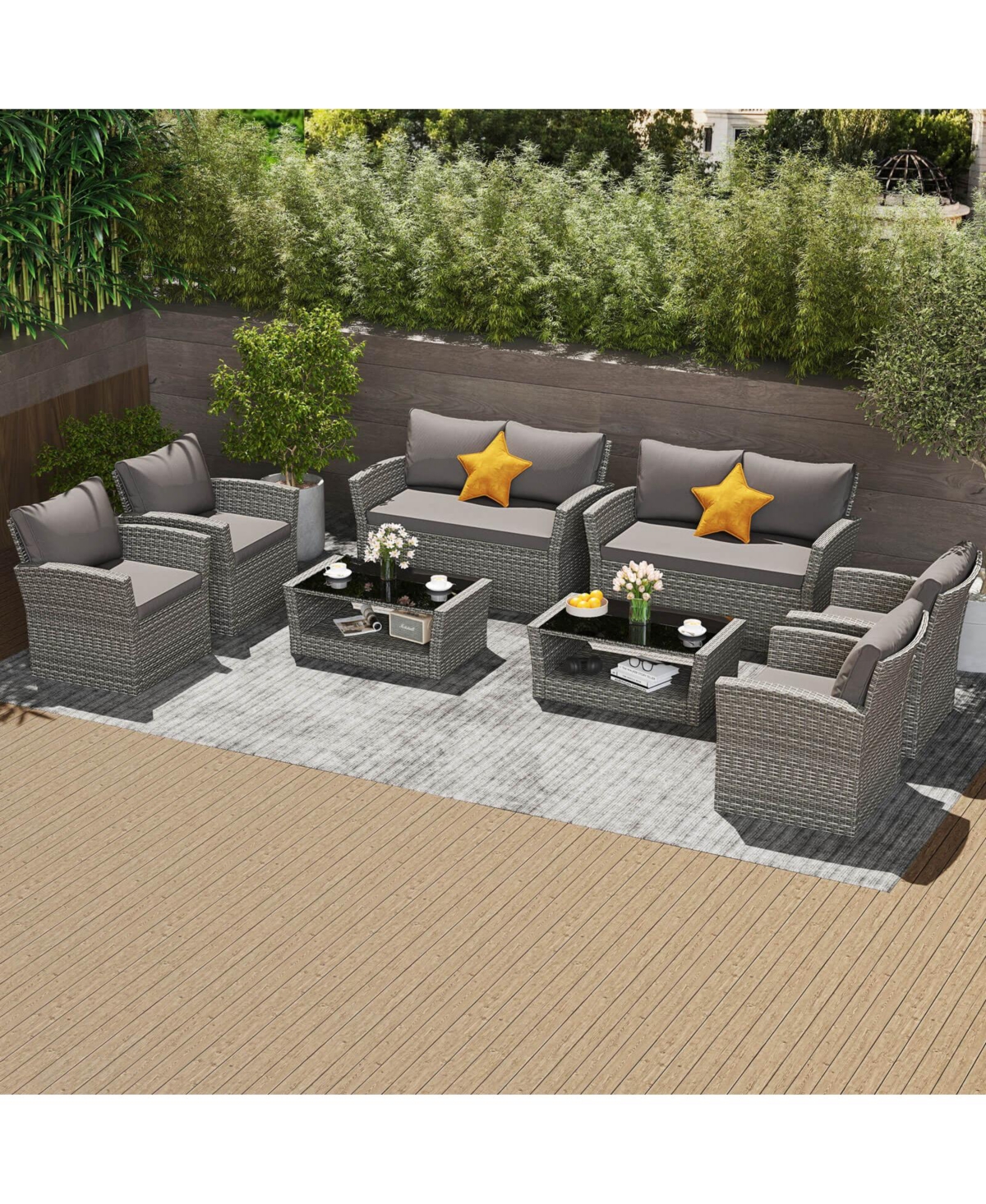 Costway Patio Furniture Set with 2 Rattan Chairs Loveseat Coffee Table Cushions