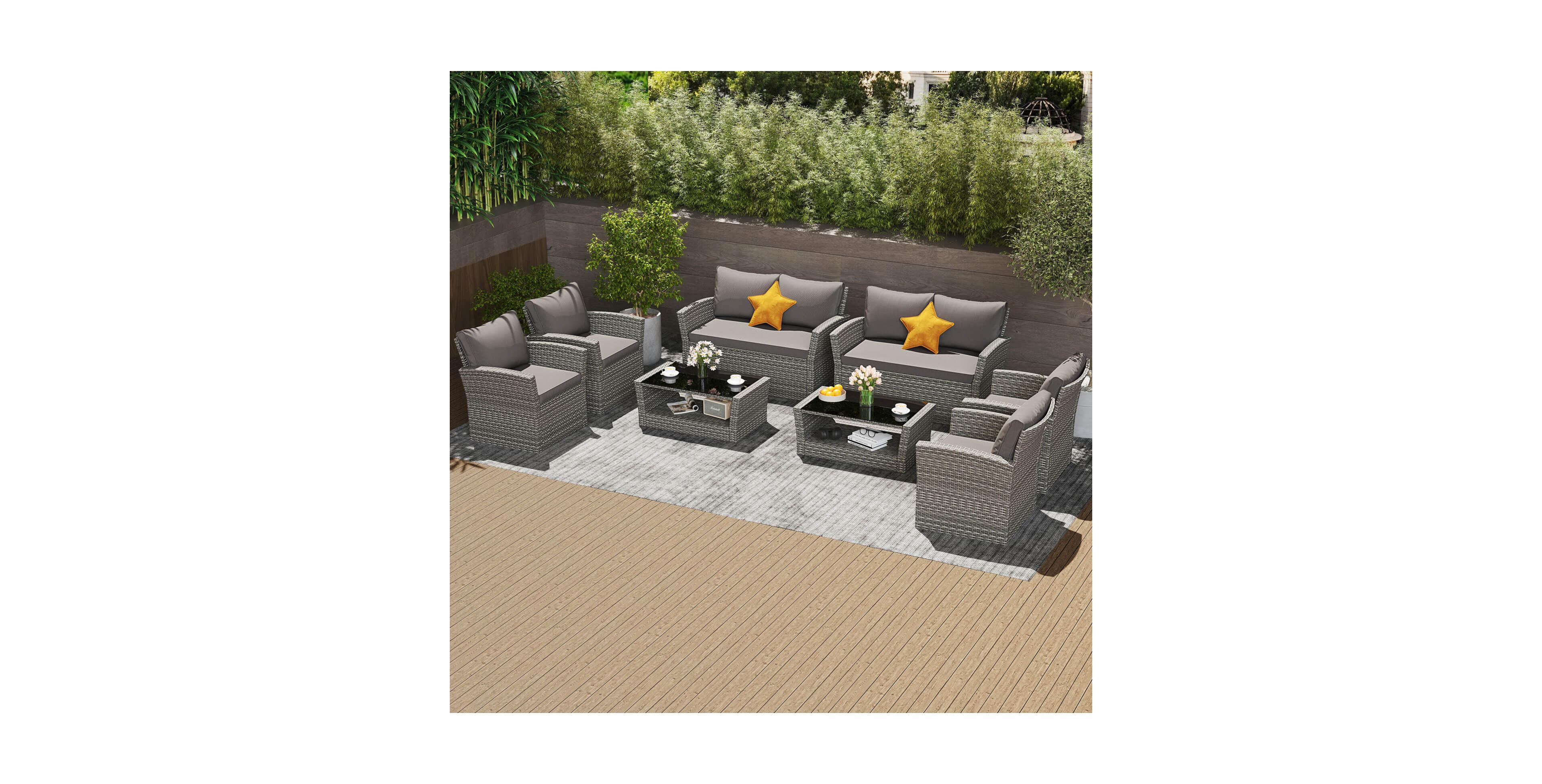 Costway Patio Furniture Set with 2 Rattan Chairs Loveseat Coffee Table Cushions