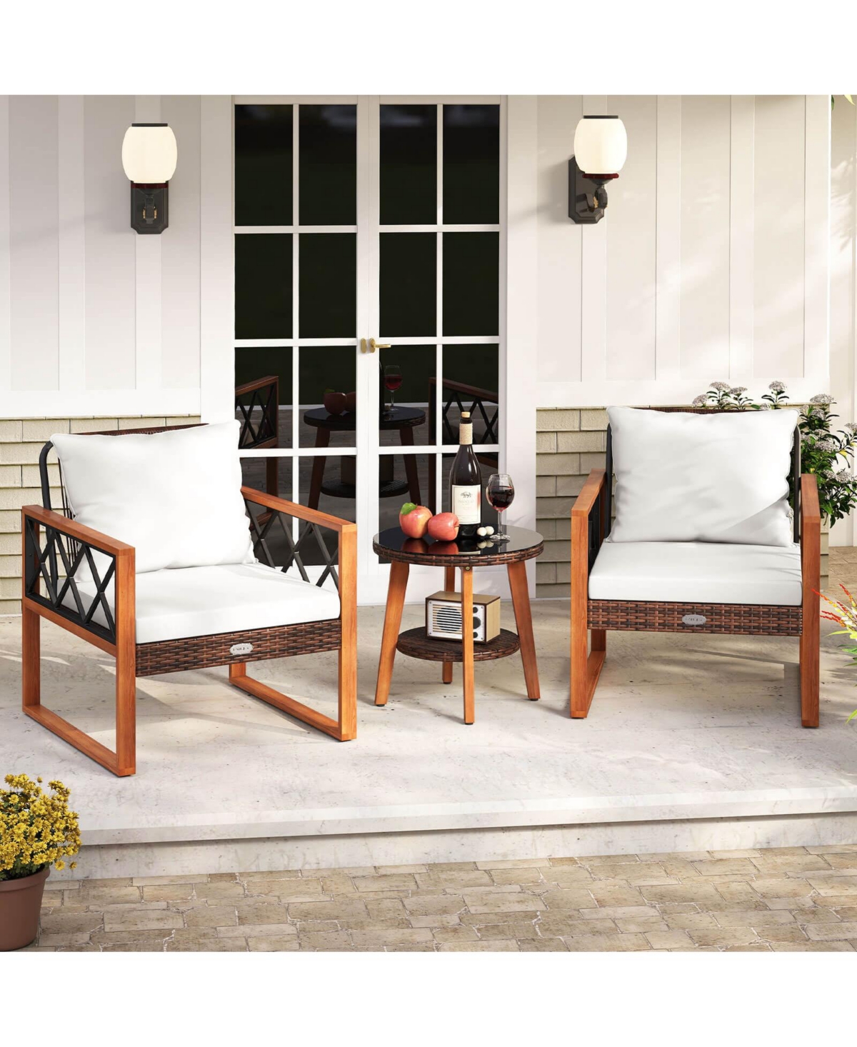 Costway 3 Pieces Patio Pe Wicker Furniture Set with Solid Acacia Wood Frame and Cushions