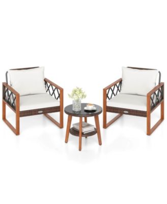 3 Pieces Patio PE Wicker Furniture Set with Solid Acacia Wood Frame and Cushions