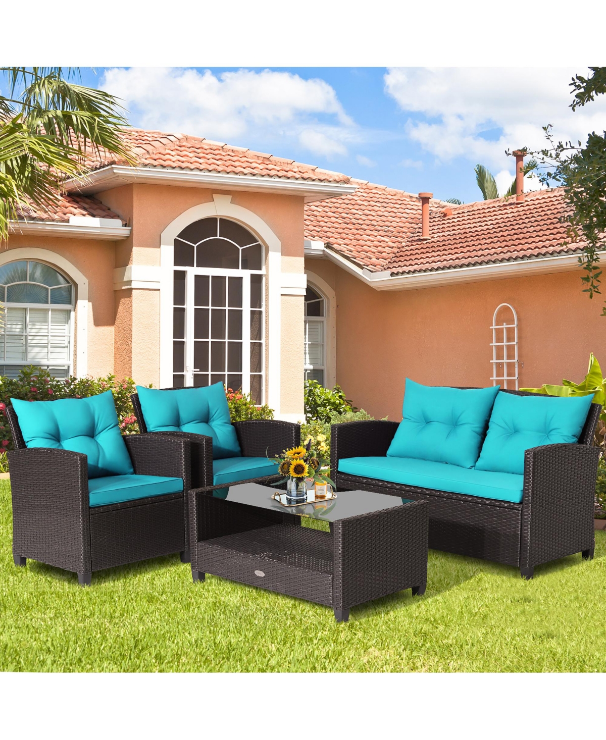 Costway 4 Pieces Patio Rattan Furniture Set Glass Table Shelf Sofa Cushion