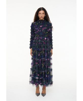 Women's Modest Floral Ruffle High Neck Maxi Dress