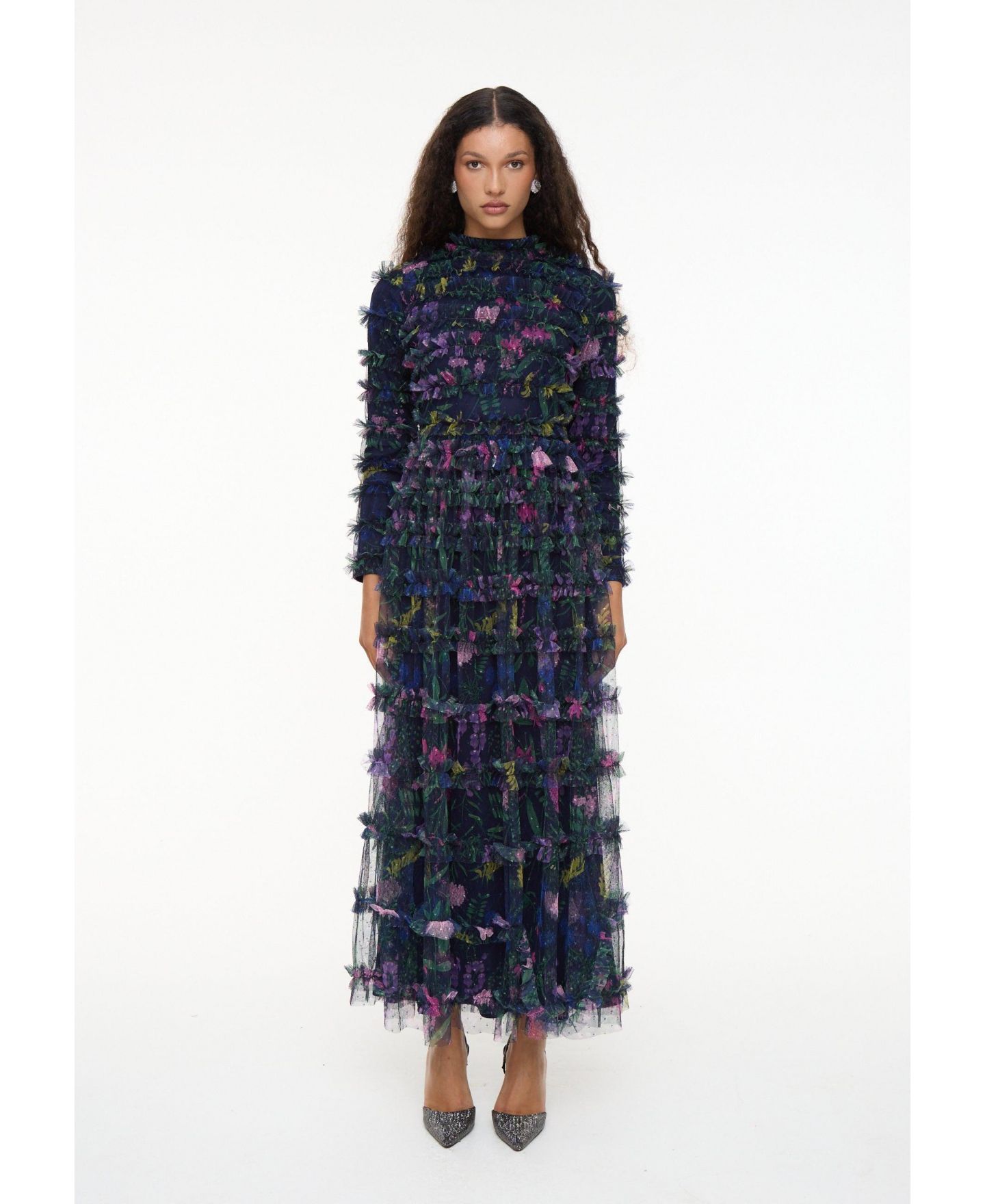 Женское платье Maryisa Modest Floral Ruffle High Neck Maxi, цвет: Ночной синий — фото 1