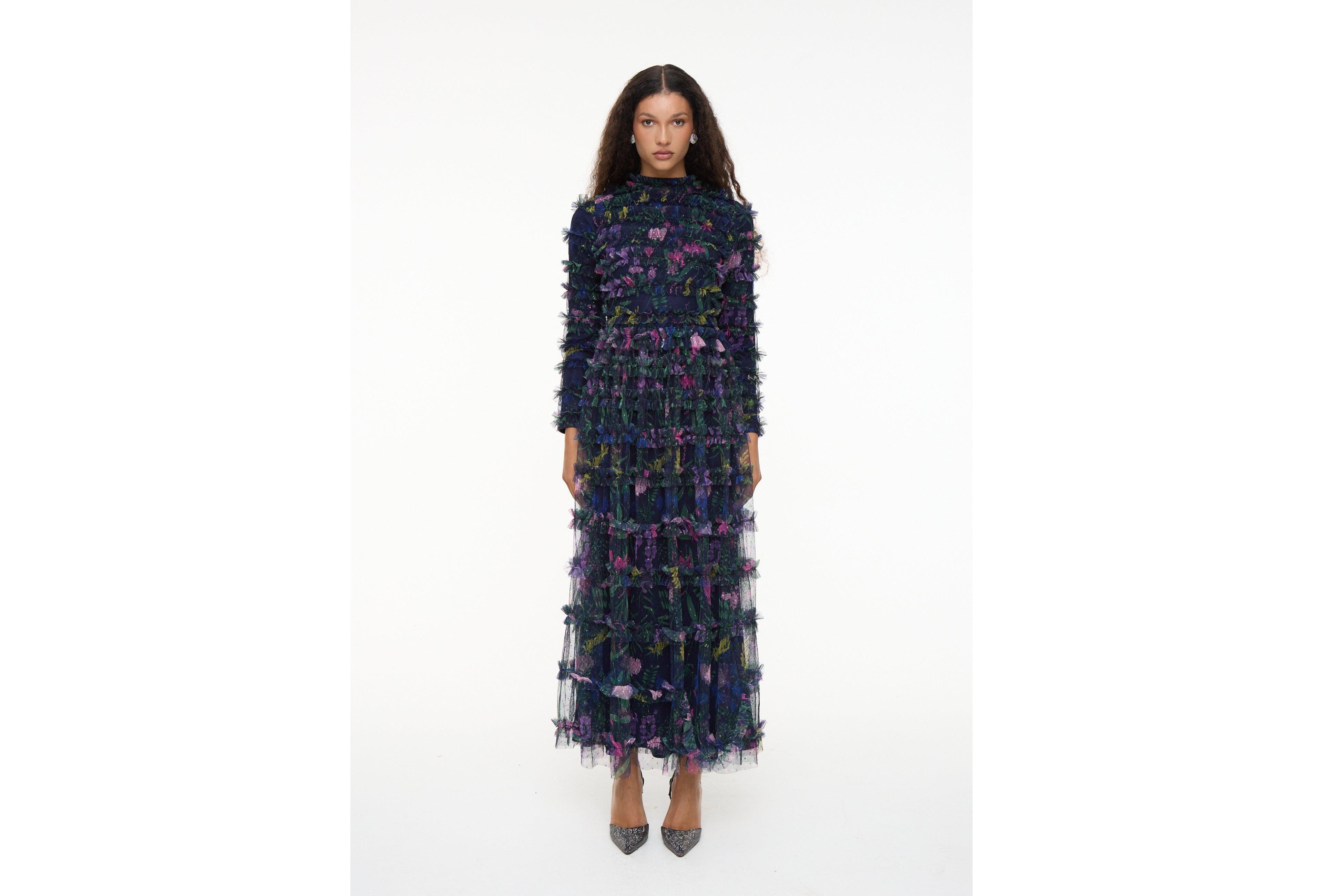 Maryisa Women's Modest Floral Ruffle High Neck Maxi Dress