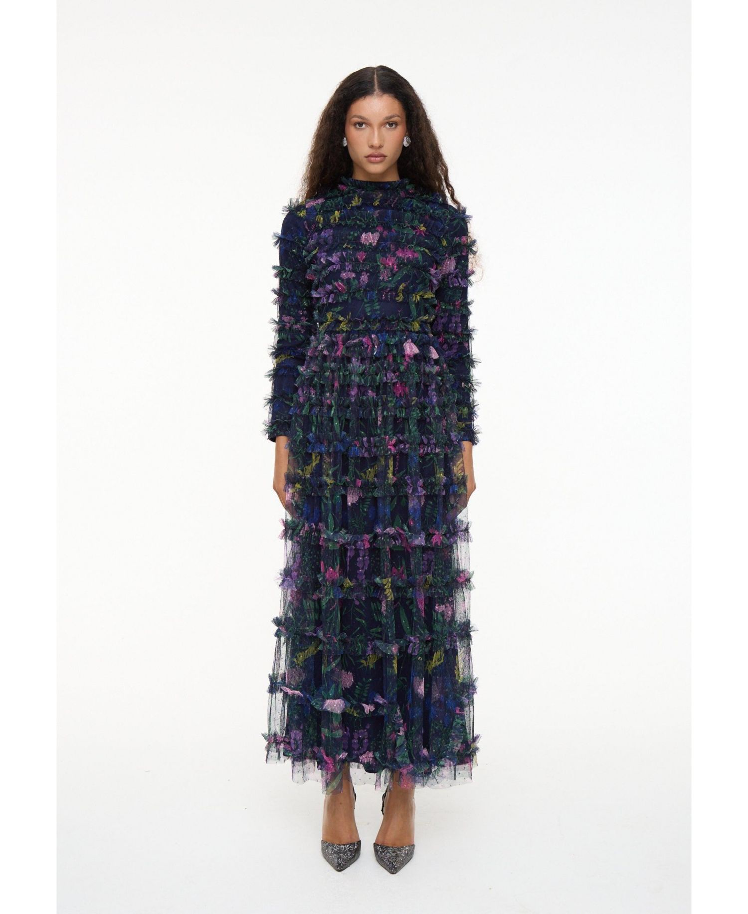 Women's Modest Floral Ruffle High Neck Maxi Dress
