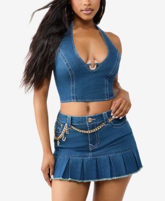 Women's Crystsl Horseshoe Denim Halter Top