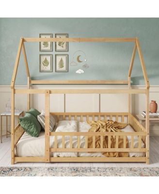 House Floor Wooden Bed with Roof Frame, Safety Guardrails