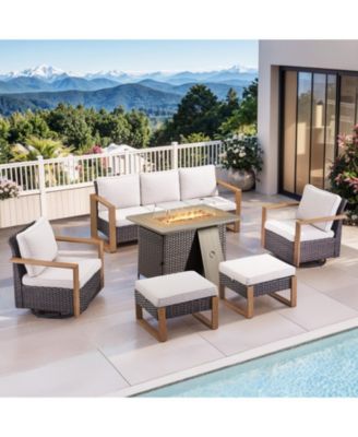 6 Pieces Patio Furniture Set, Outdoor Wicker Sofa Couch with Fire Pit Table, Ottomans and Cushions, All Weather Rattan Conversation Set