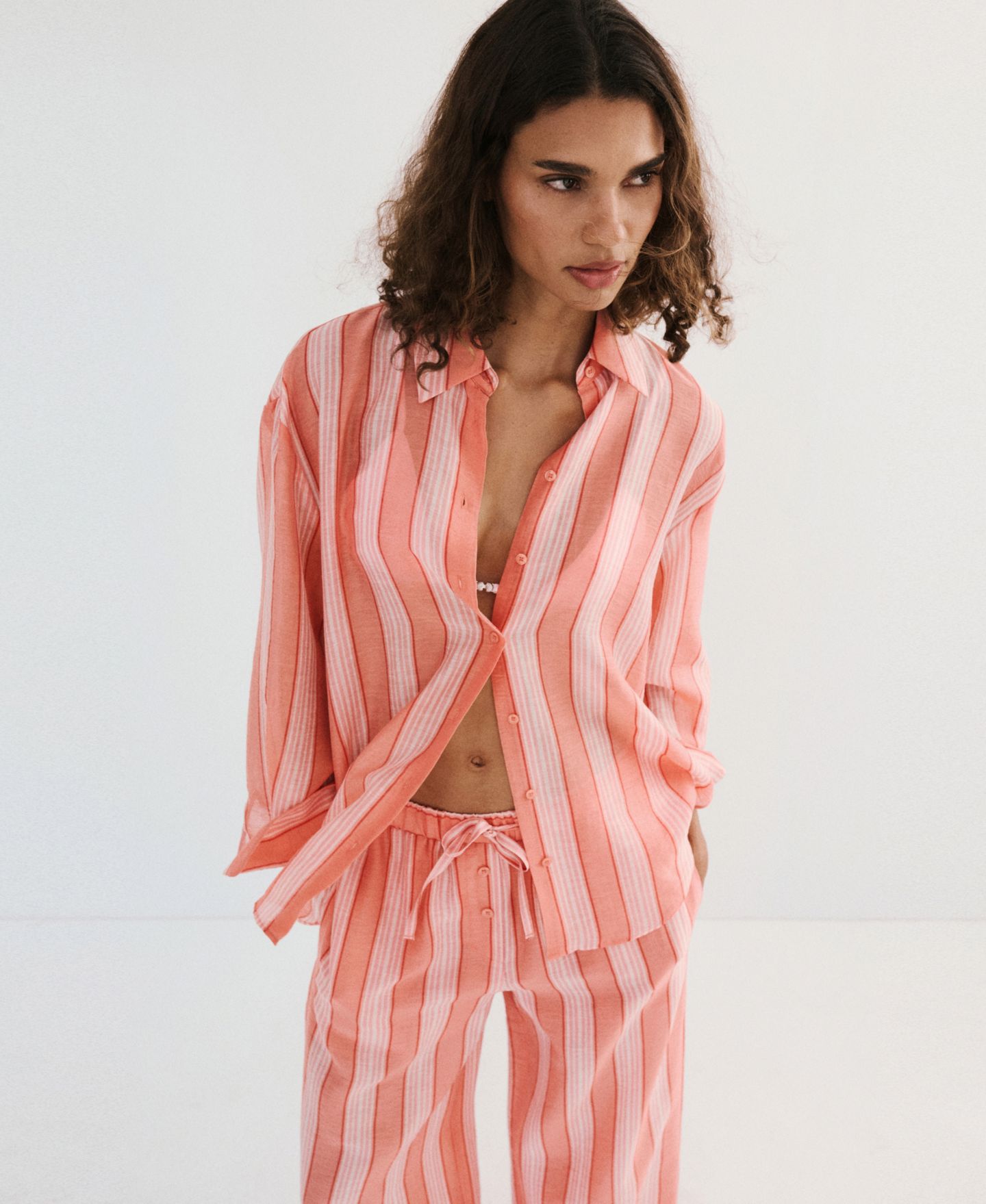 Женская рубашка Mango Striped Linen-Lyocell-Blend, цвет: Оранжевый — фото 7