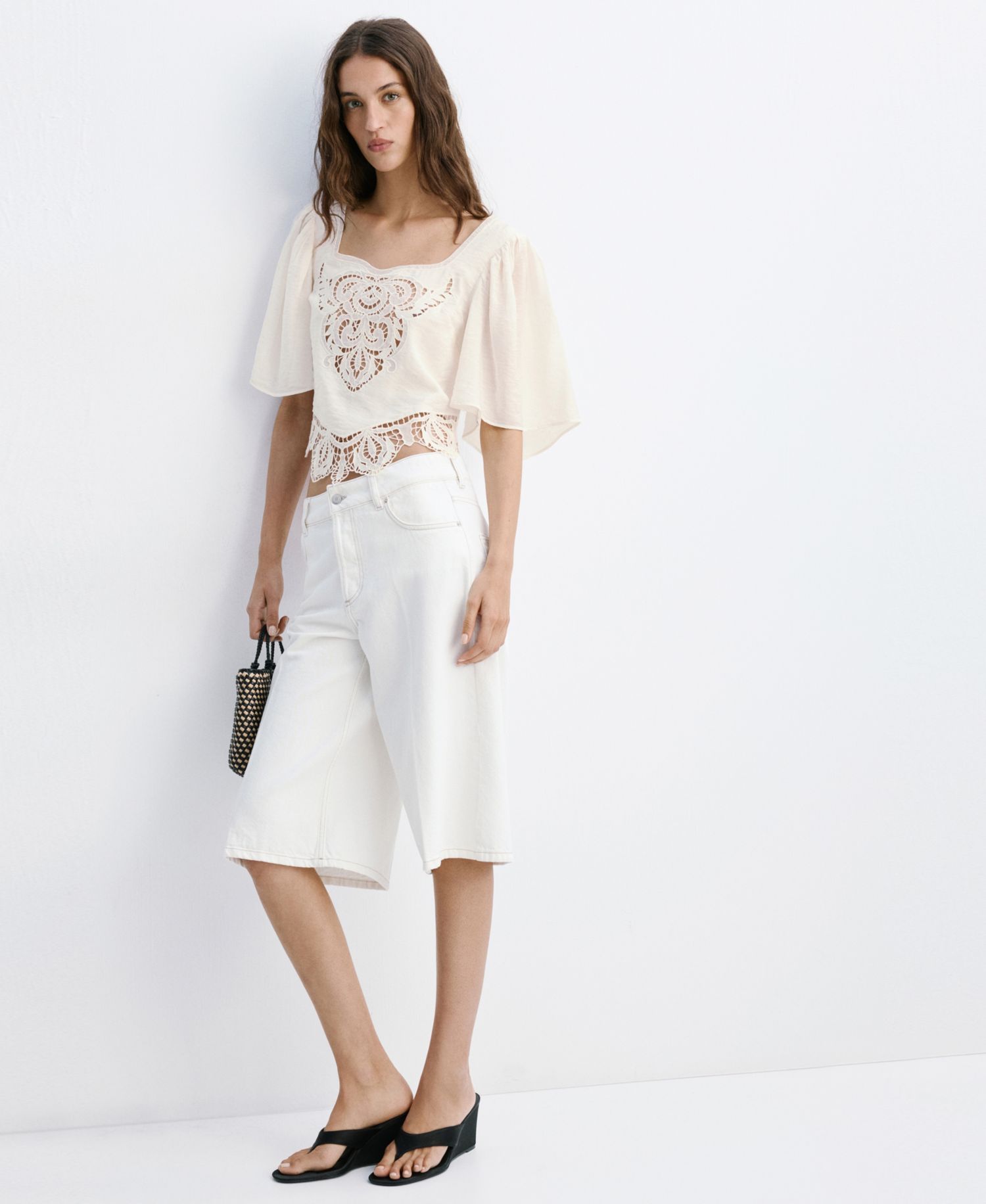 Women's Openwork Embroidery Cropped Blouse