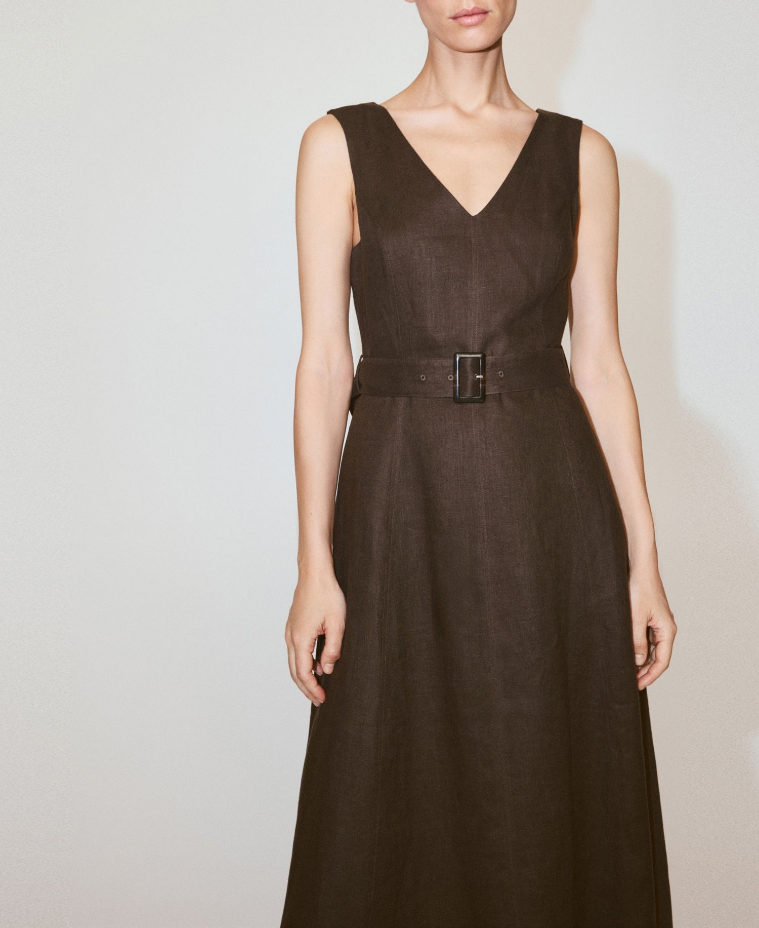 Women's Belt Linen Midi-Dress