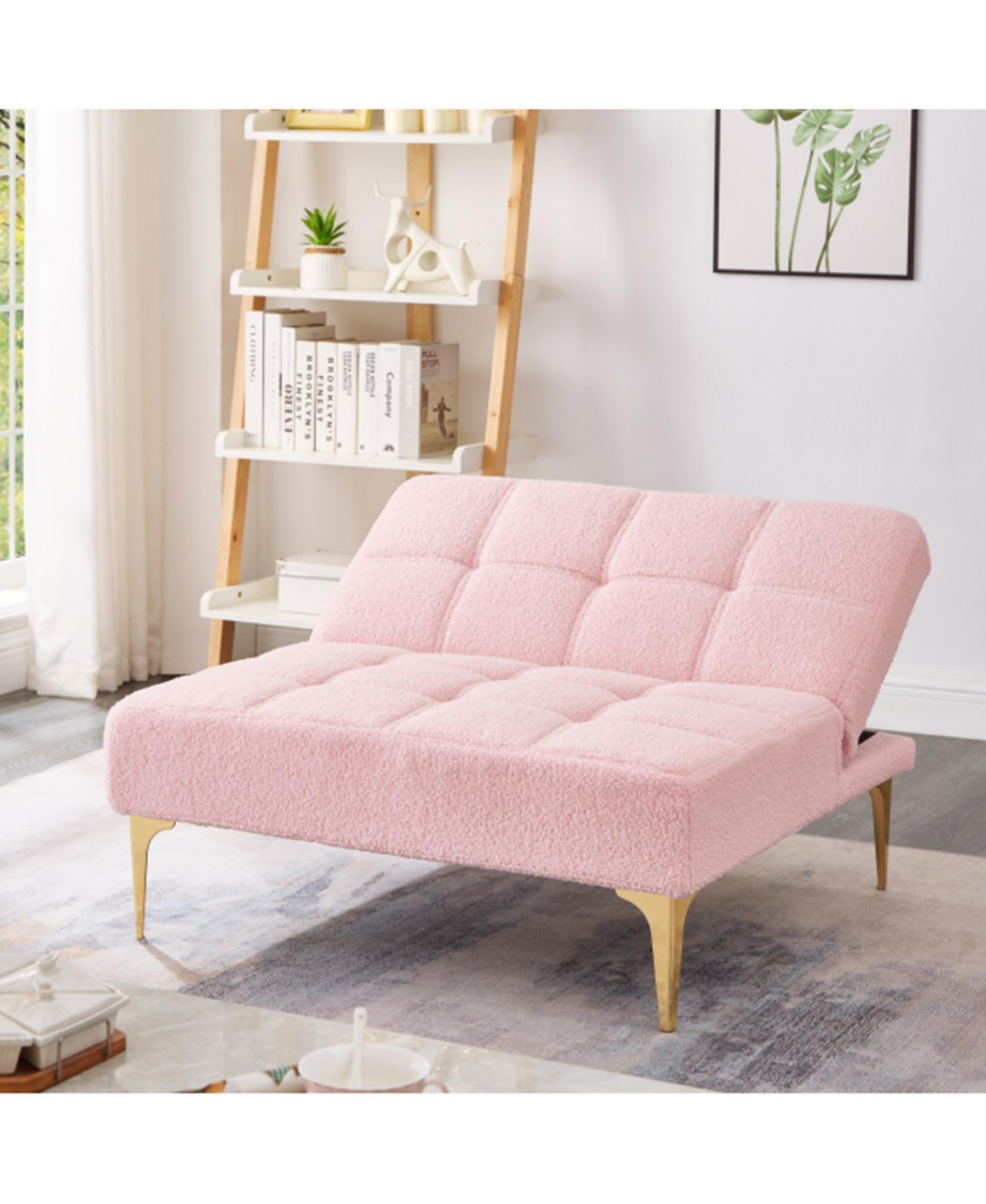 Rainsken Convertible Sofa Bed Futon With Gold Metal Legs Teddy Fabric