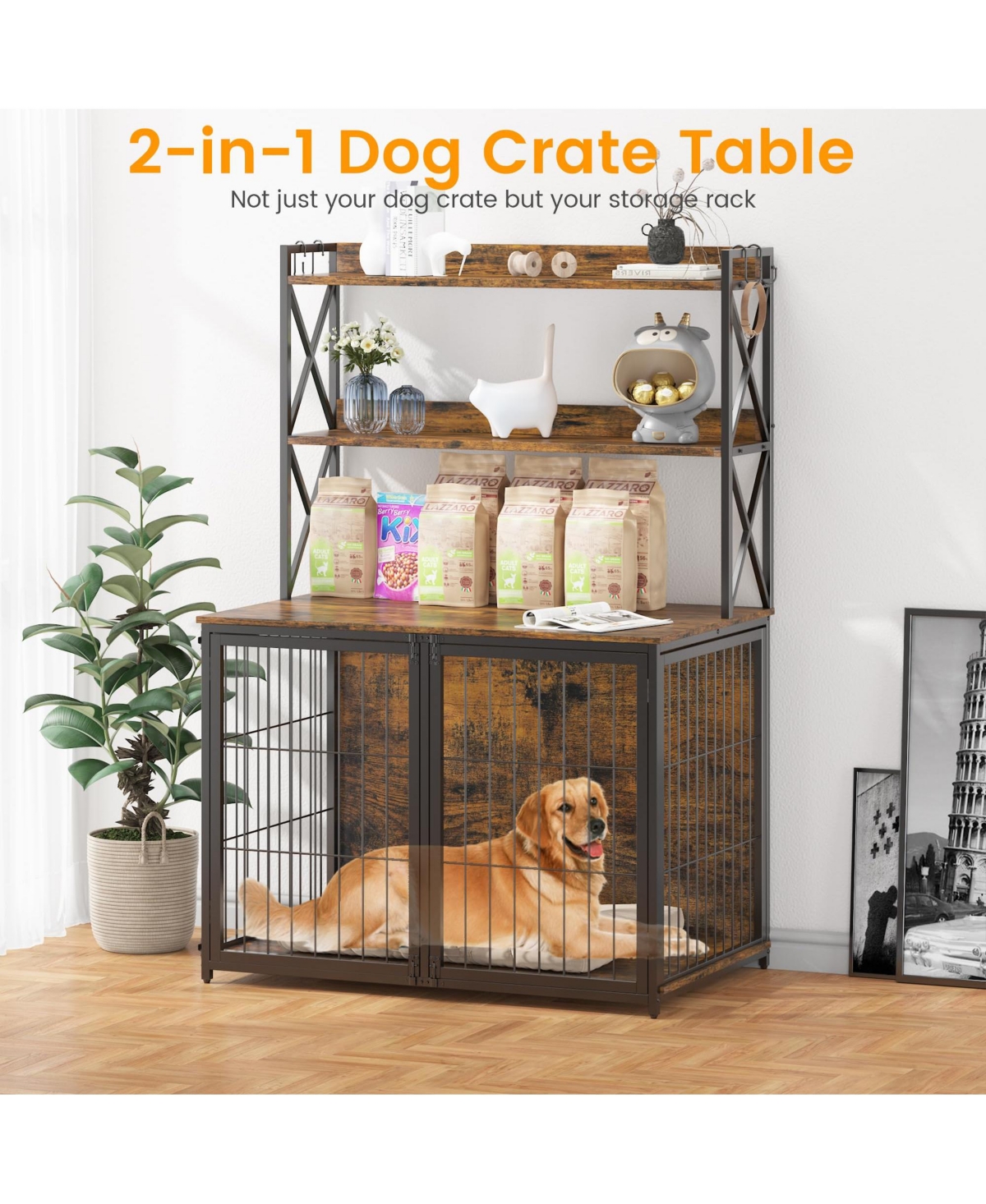 homfan Dog Crate Furniture, Wooden Heavy Duty Dog Kennel with Storage Shelves and 4 Doors for Small or Medium Dogs