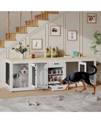 Double Dog Crate Furniture Extra Large Wooden Dog Kennel with Feeding Station, Divider, and Storage Shelves for Large Dogs