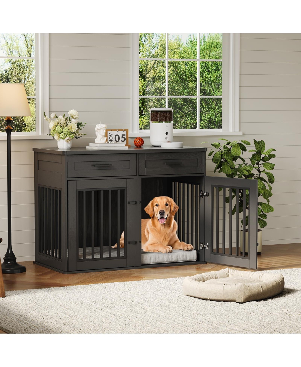 homfan Dog Crate Furniture Wooden Heavy Duty Indoor Kennel, Storage Drawers