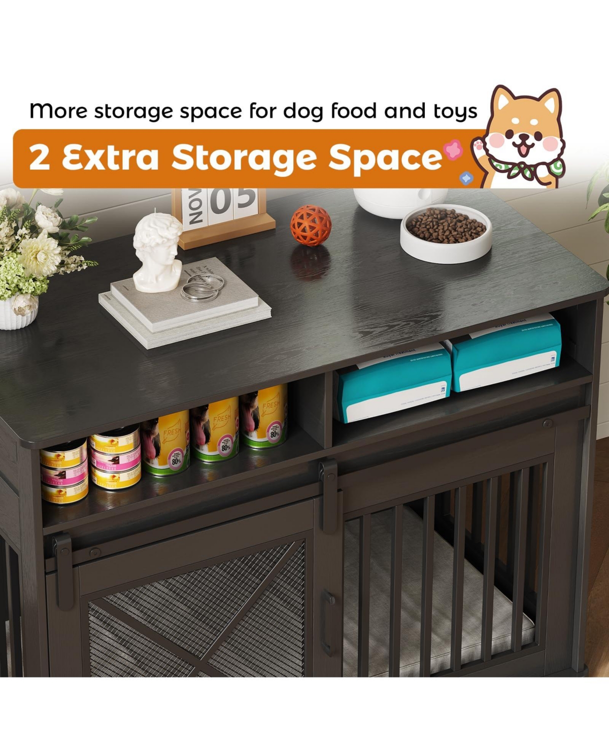 homfan Dog Crate Furniture Wooden Heavy Duty Indoor Kennel, Storage Drawers