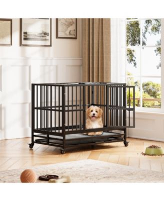 Folding Dog Crate with Wheels, Heavy Duty Metal Dog Kennel with Double Door and Removable Tray for Small Medium Large Breed