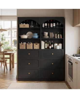 2Piece Wooden Pantry Storage Cabinets with 3-Tier Open Shelves