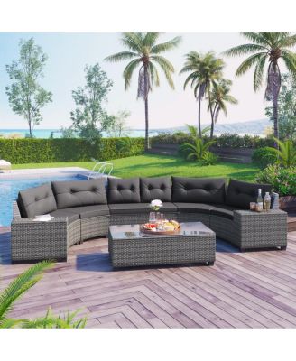 8-Piece Outdoor Wicker Half-Moon Patio Sectional Sofa Set with Coffee and Side Tables-Asagikoiai