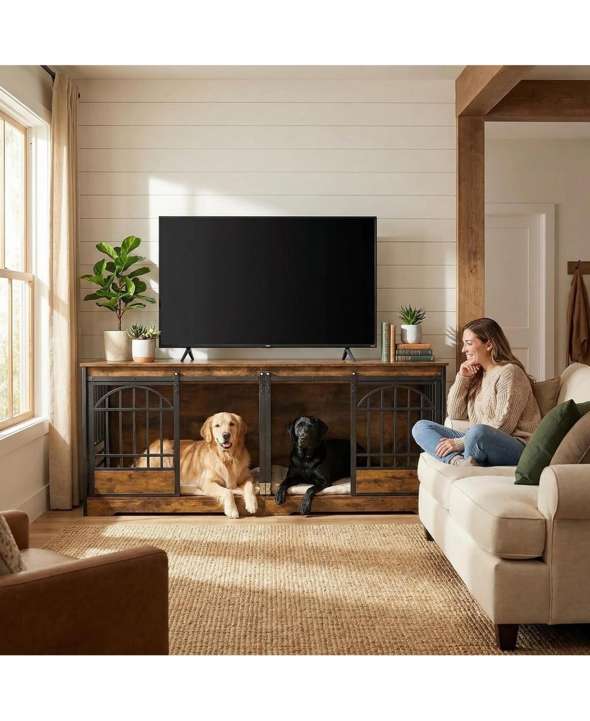 homfan Double Dog Crate Furniture for Breeds, 78" Extra Large Heavy Duty Wooden Kennel Table and Tv Stand.