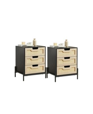 Set of 2 Rattan Nightstands with 3 Natural Rattan Drawers