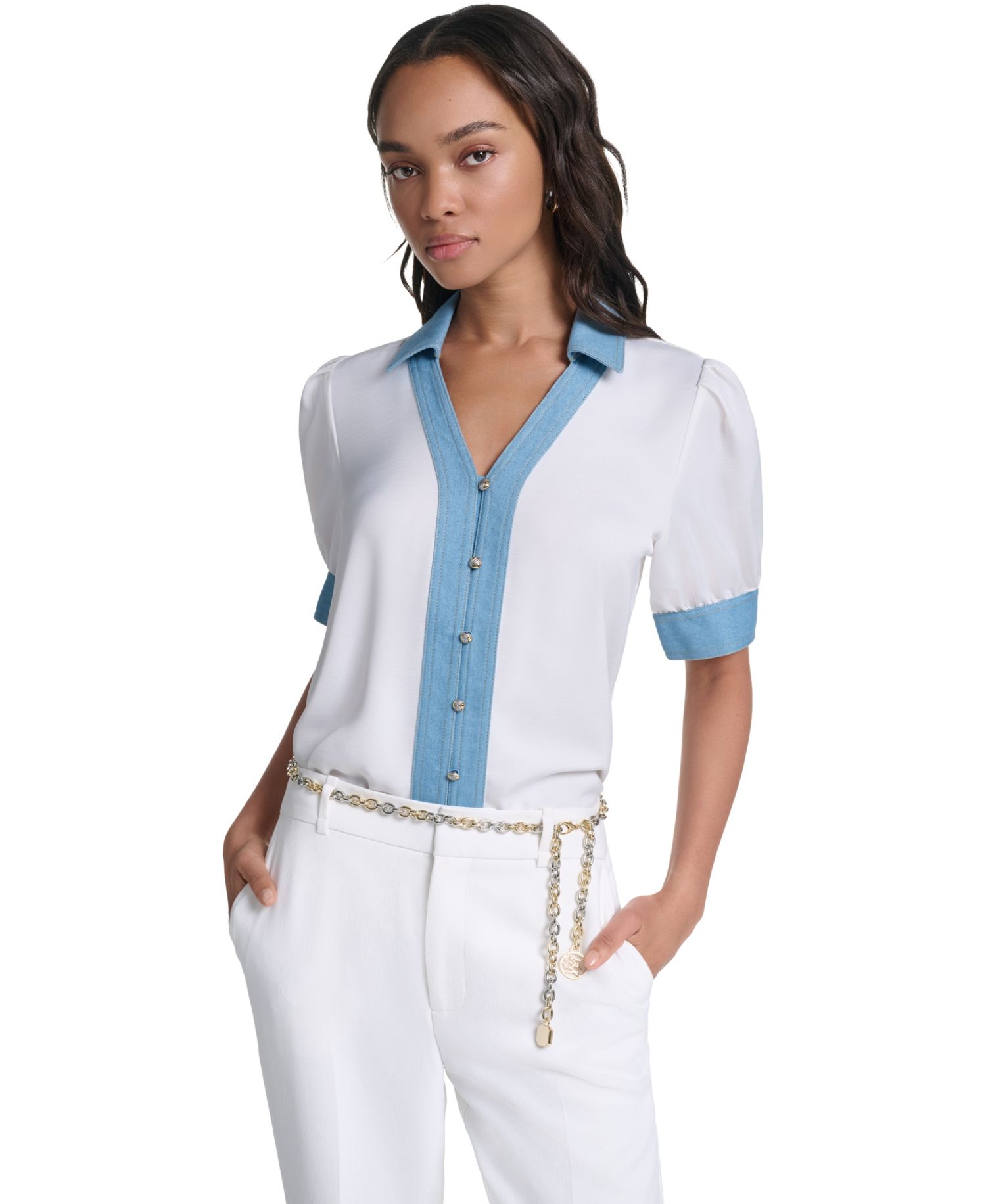 Petite Denim Collar Button-Front Blouse